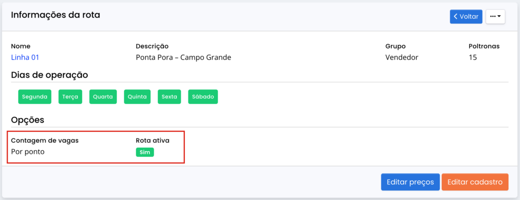 Informações da rota