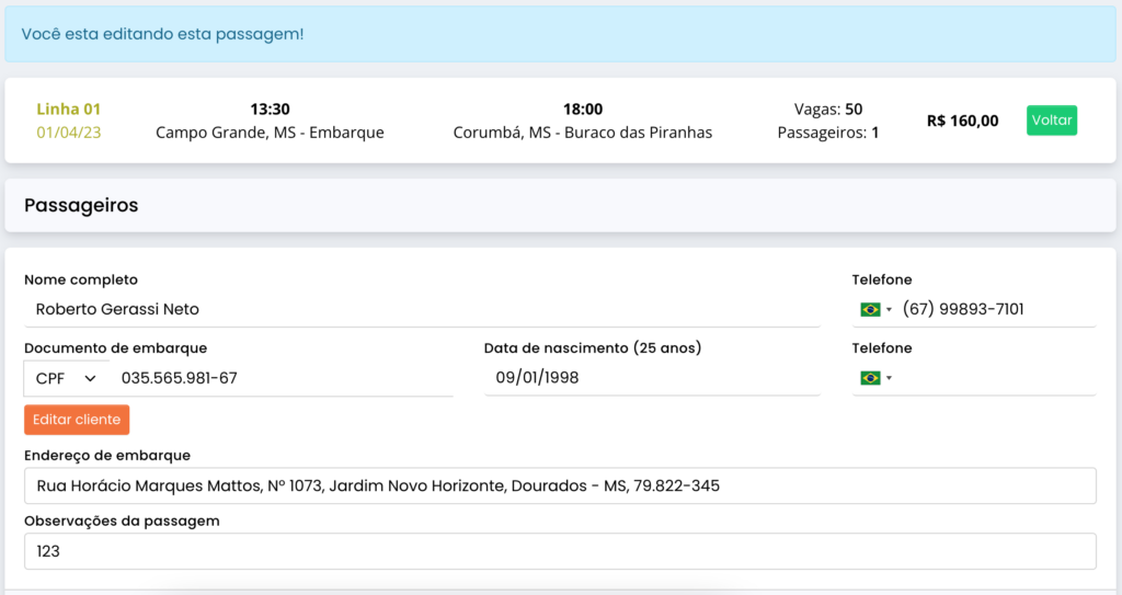 edição de passagem